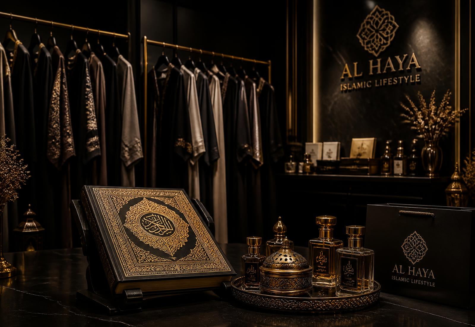 Interieur van de islamitische boetiek Barakah met abaya's, Koran en oud-parfums